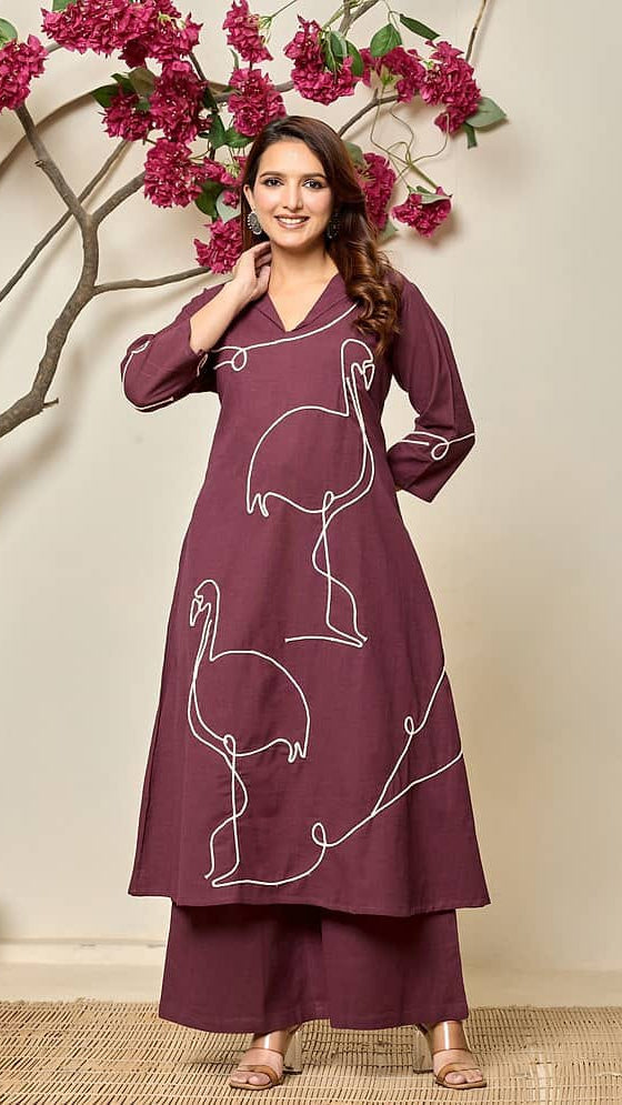 Women's Wine Purple Flamingo One-Line Embroidered Kurta with Palazzo Pants Set – Modern Fusion Ethnic Set