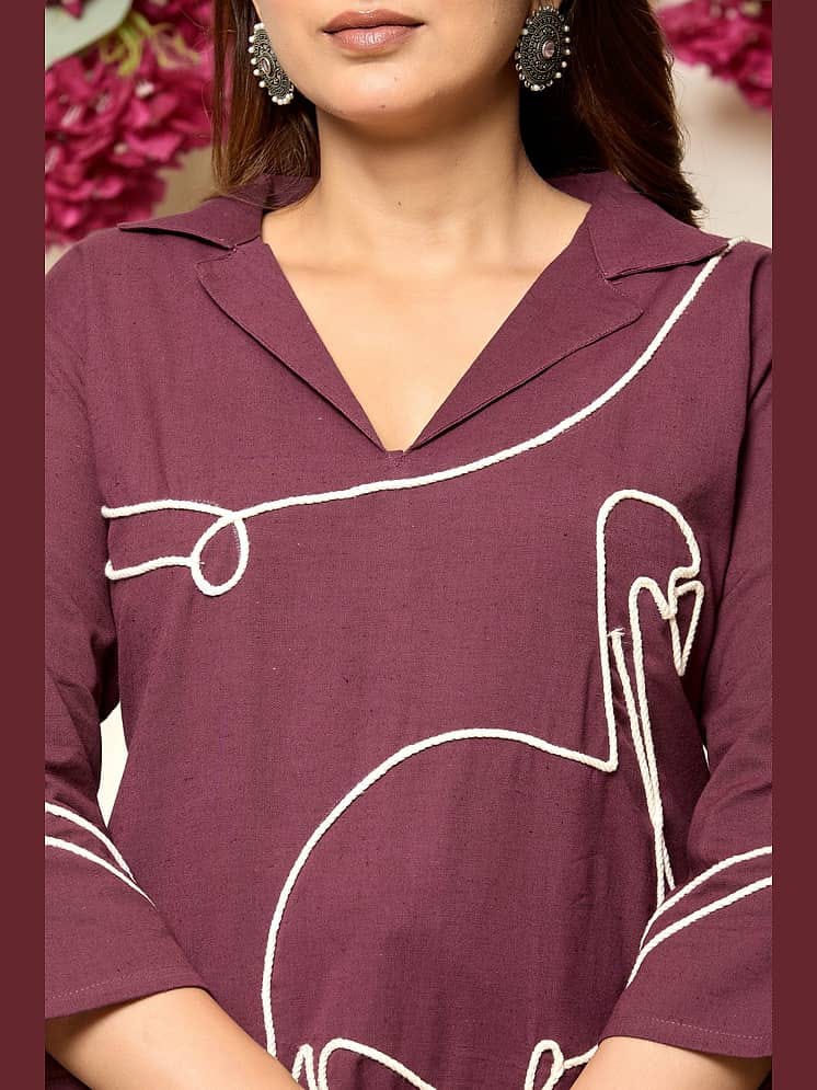 Women's Wine Purple Flamingo One-Line Embroidered Kurta with Palazzo Pants Set – Modern Fusion Ethnic Set