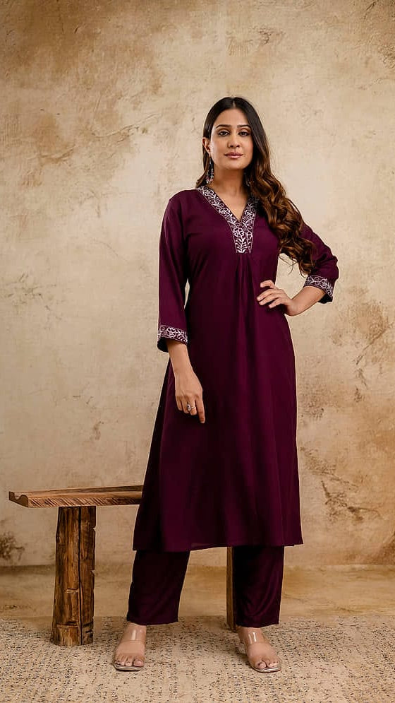 Women's Deep Plum Purple Embroidered A-Line Kurta with Trousers Set – Elegant Ethnic Suit Set