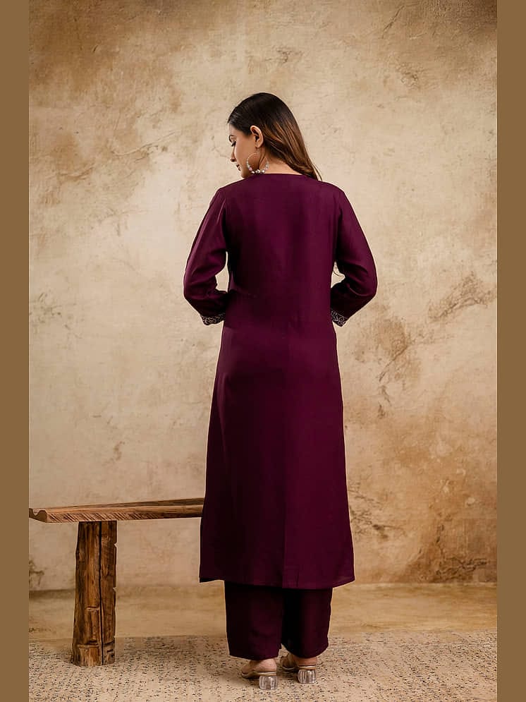 Women's Deep Plum Purple Embroidered A-Line Kurta with Trousers Set – Elegant Ethnic Suit Set