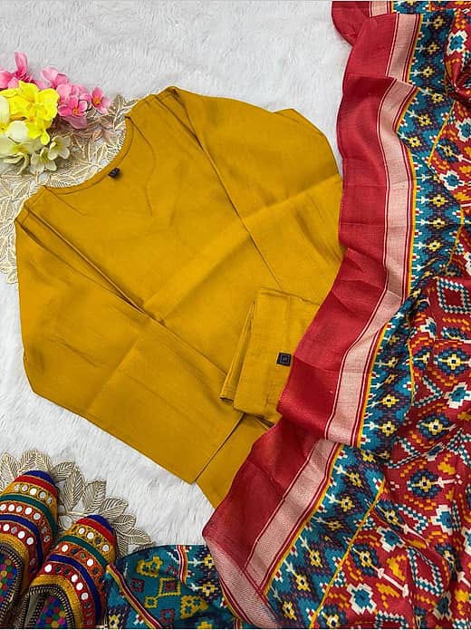 Women's Mustard Yellow Silk Blend Kurta with Trousers & Patola Printed Dupatta Set