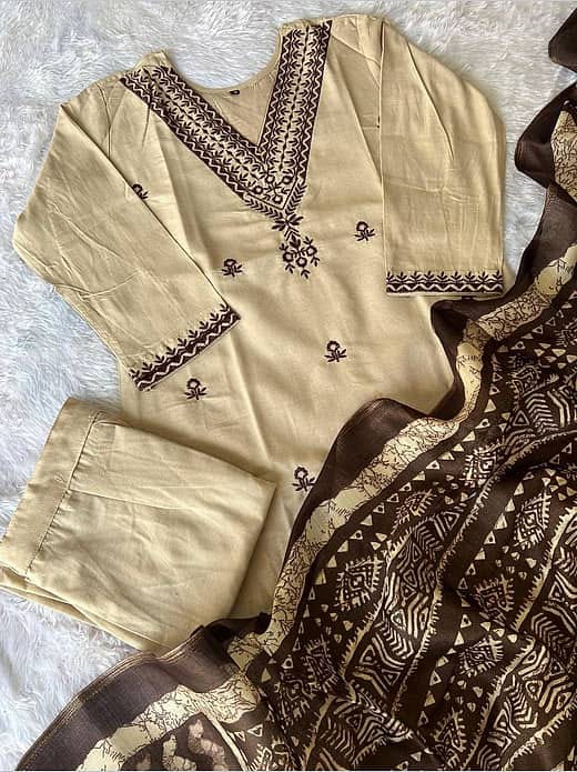 Women's Cream & Beige Embroidered Kurta with Trousers & Dark Brown Printed Dupatta Set
