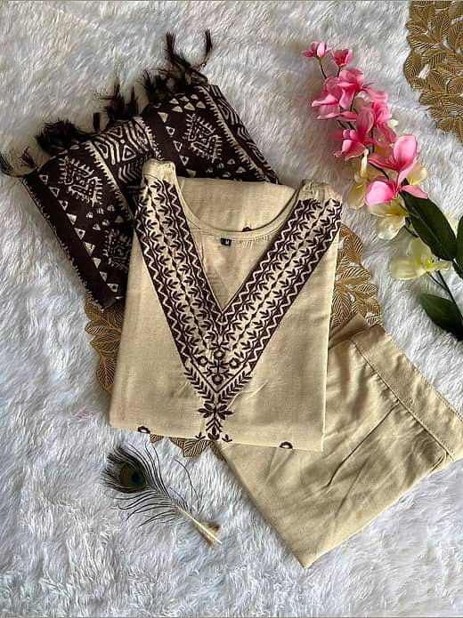Women's Cream & Beige Embroidered Kurta with Trousers & Dark Brown Printed Dupatta Set