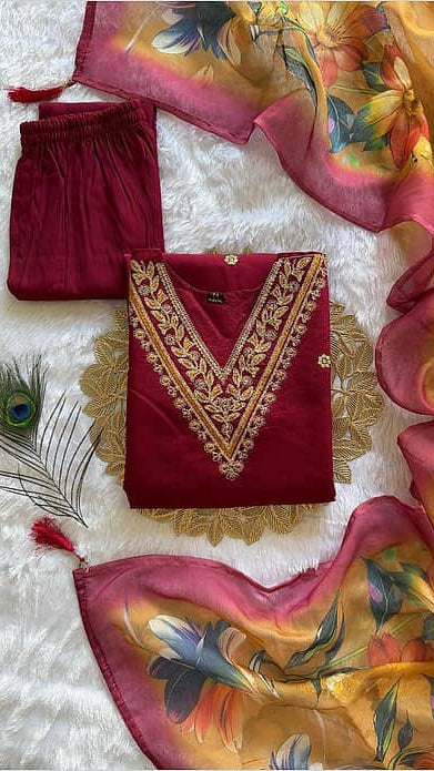 Women's Deep Wine Red Embroidered V-Neck Kurta with Trousers & Mustard Yellow Floral Digital Printed Dupatta Set