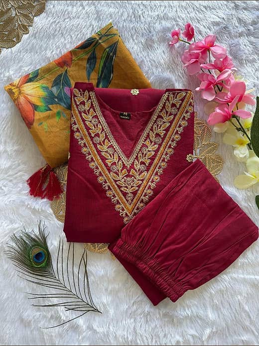 Women's Deep Wine Red Embroidered V-Neck Kurta with Trousers & Mustard Yellow Floral Digital Printed Dupatta Set