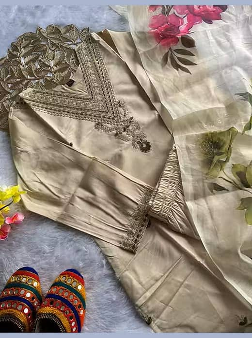 Women's Cream Silk Blend Heavy Embroidered V-Neck Kurta with Trousers & Floral Digital Printed Organza Dupatta Set