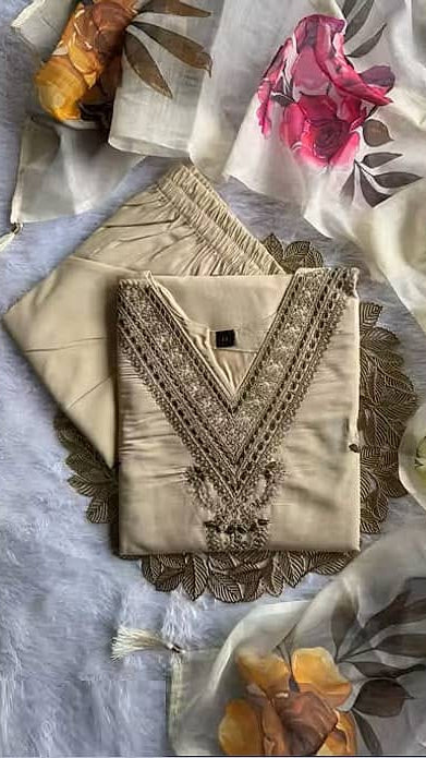 Women's Cream Silk Blend Heavy Embroidered V-Neck Kurta with Trousers & Floral Digital Printed Organza Dupatta Set
