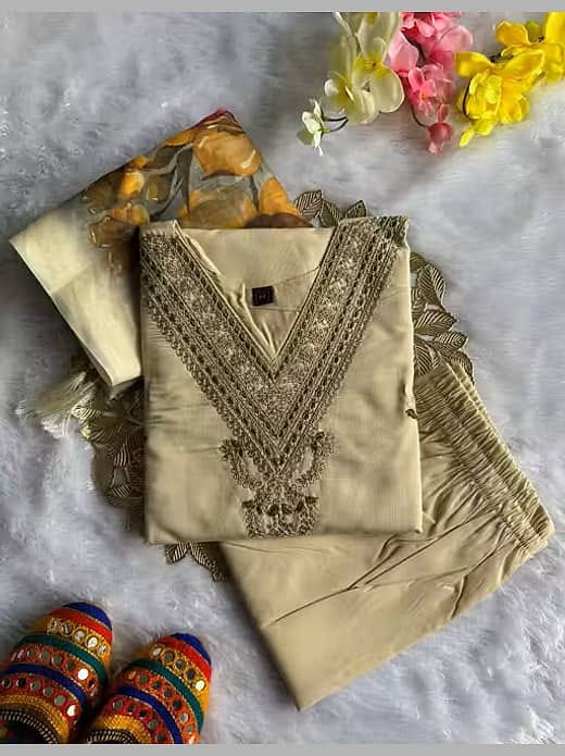 Women's Cream Silk Blend Heavy Embroidered V-Neck Kurta with Trousers & Floral Digital Printed Organza Dupatta Set