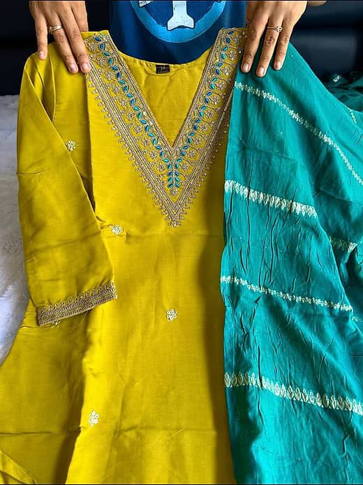 Women's Mustard Yellow Embroidered V-Neck Kurta with Trousers & Contrast Emerald Green Dupatta Set