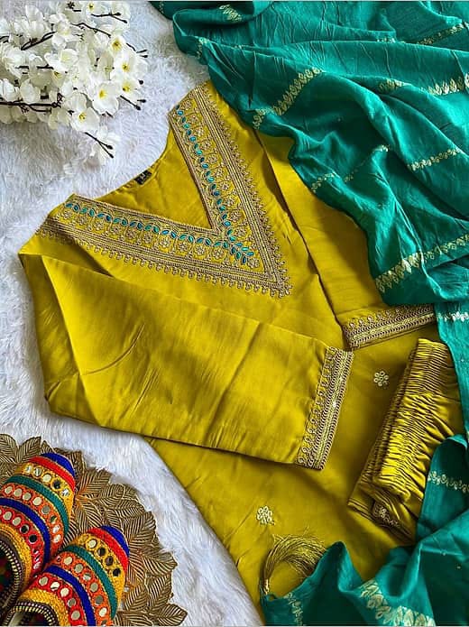 Women's Mustard Yellow Embroidered V-Neck Kurta with Trousers & Contrast Emerald Green Dupatta Set