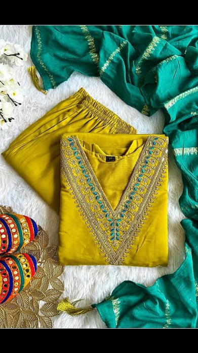 Women's Mustard Yellow Embroidered V-Neck Kurta with Trousers & Contrast Emerald Green Dupatta Set