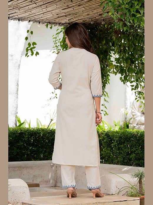 Women's Cream & Off-White Embroidered Kurta with Trousers & Floral Block Print Dupatta Set