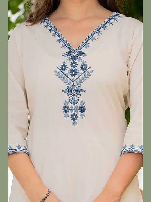 Women's Cream & Off-White Embroidered Kurta with Trousers & Floral Block Print Dupatta Set