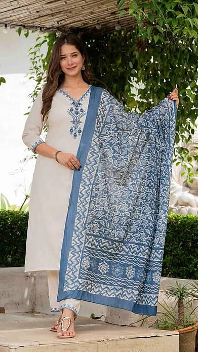 Women's Cream & Off-White Embroidered Kurta with Trousers & Floral Block Print Dupatta Set