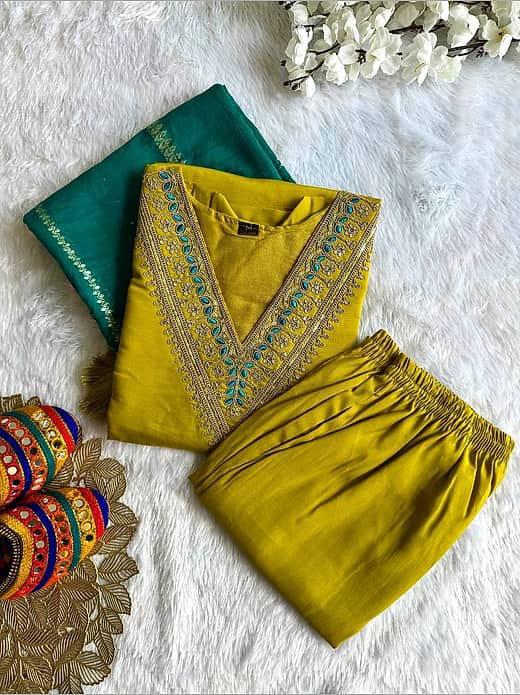 Women's Mustard Yellow Embroidered V-Neck Kurta with Trousers & Contrast Emerald Green Dupatta Set