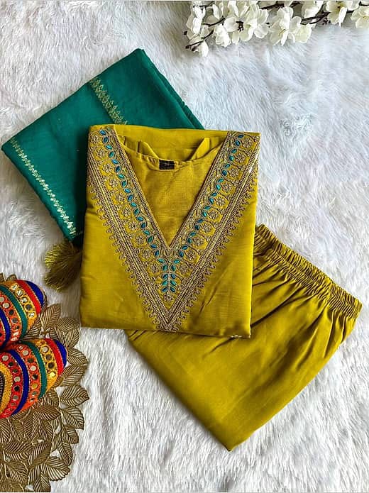 Women's Mustard Yellow Embroidered V-Neck Kurta with Trousers & Contrast Emerald Green Dupatta Set