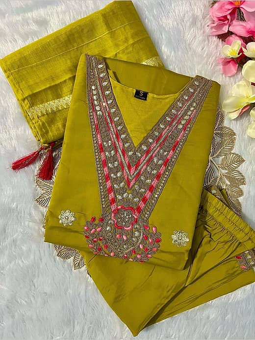 Women's Olive Green / Lime Green Silk Blend Heavy Mirror & Thread Embroidered Kurta with Trousers & Jacquard Dupatta Set