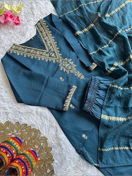 Women's Teal Blue Silk Blend Gold Zari Embroidered V-Neck Kurta with Trousers & Dupatta Set