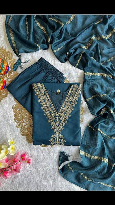 Women's Teal Blue Silk Blend Gold Zari Embroidered V-Neck Kurta with Trousers & Dupatta Set
