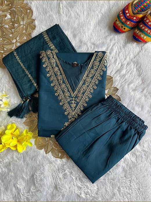 Women's Teal Blue Silk Blend Gold Zari Embroidered V-Neck Kurta with Trousers & Dupatta Set