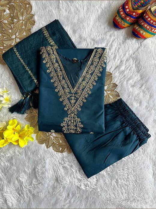 Women's Teal Blue Silk Blend Gold Zari Embroidered V-Neck Kurta with Trousers & Dupatta Set