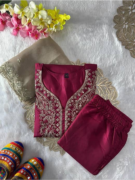 Women's Wine / Magenta Silk Blend Paisley Embroidered V-Neck Kurta with Trousers & Contrast Beige Dupatta Set