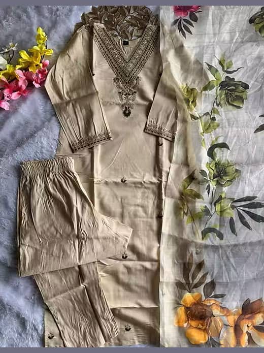 Women's Beige / Cream Silk Blend Embroidered V-Neck Kurta with Trousers & Floral Digital Printed Organza Dupatta Set