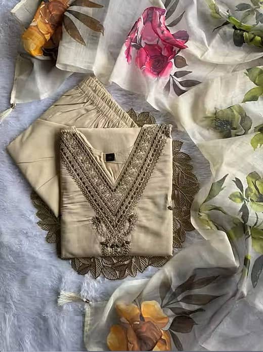 Women's Beige / Cream Silk Blend Embroidered V-Neck Kurta with Trousers & Floral Digital Printed Organza Dupatta Set