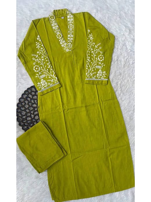 Women's Olive / Chartreuse Green Cotton Silk Thread Embroidered V-Neck Kurta with Trousers Set