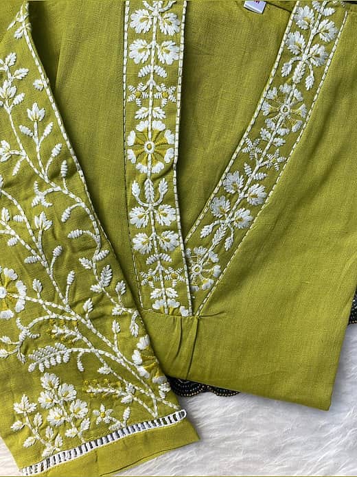 Women's Olive / Chartreuse Green Cotton Silk Thread Embroidered V-Neck Kurta with Trousers Set