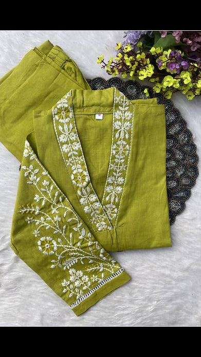 Women's Olive / Chartreuse Green Cotton Silk Thread Embroidered V-Neck Kurta with Trousers Set