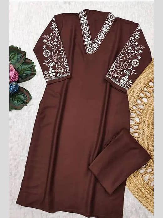Women's Chocolate Brown Silk Blend Thread Embroidered V-Neck Kurta with Trousers Set