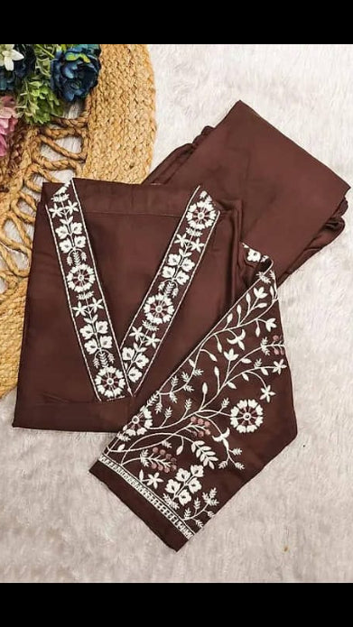 Women's Chocolate Brown Silk Blend Thread Embroidered V-Neck Kurta with Trousers Set