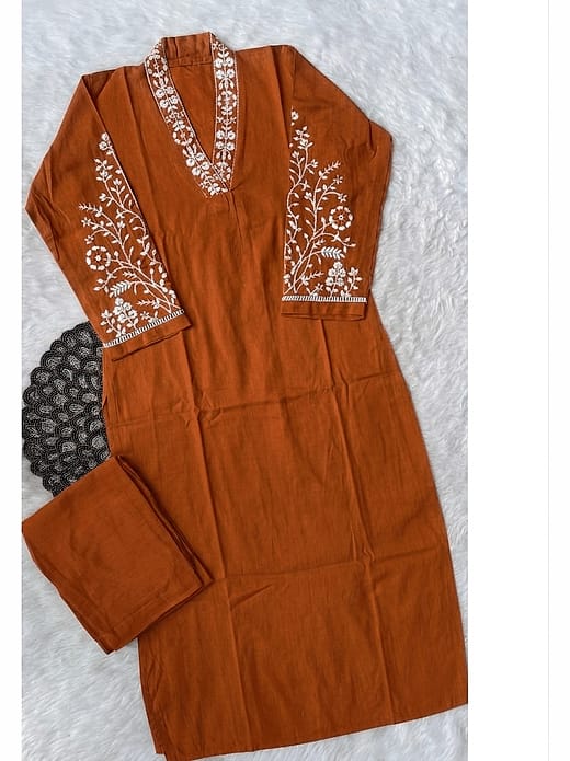 Women's Rust Orange Silk Blend Thread Embroidered V-Neck Kurta with Trousers Set