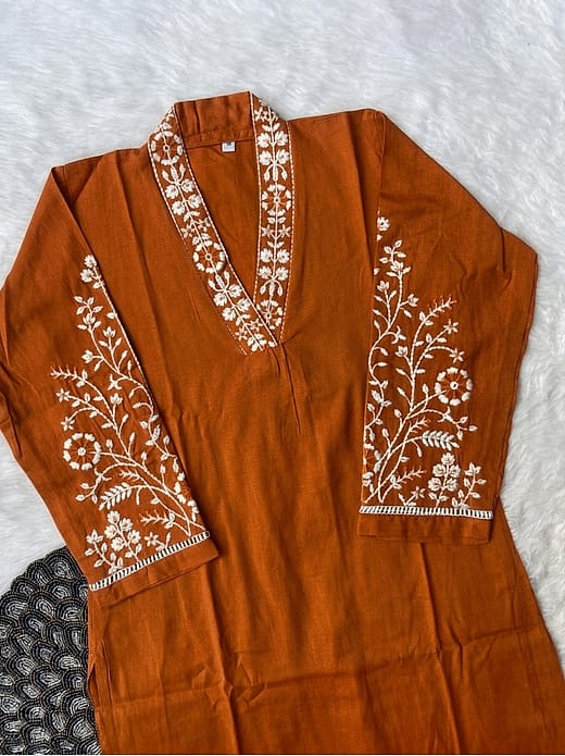 Women's Rust Orange Silk Blend Thread Embroidered V-Neck Kurta with Trousers Set