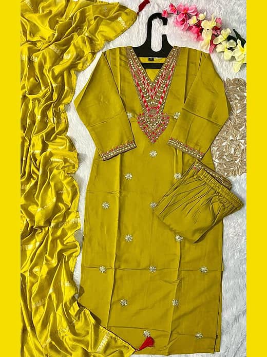 Women's Olive Green / Lime Green Silk Blend Heavy Mirror & Thread Embroidered Kurta with Trousers & Jacquard Dupatta Set