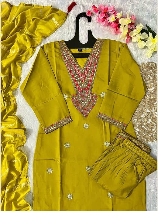 Women's Olive Green / Lime Green Silk Blend Heavy Mirror & Thread Embroidered Kurta with Trousers & Jacquard Dupatta Set