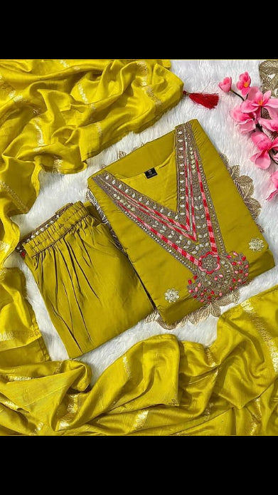 Women's Olive Green / Lime Green Silk Blend Heavy Mirror & Thread Embroidered Kurta with Trousers & Jacquard Dupatta Set