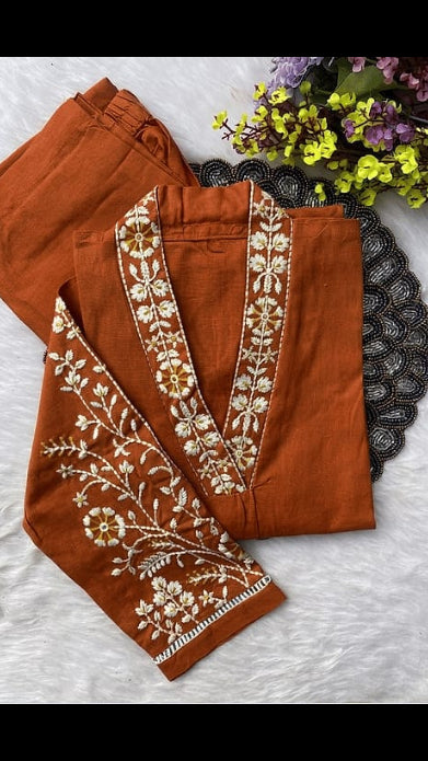 Women's Rust Orange Silk Blend Thread Embroidered V-Neck Kurta with Trousers Set