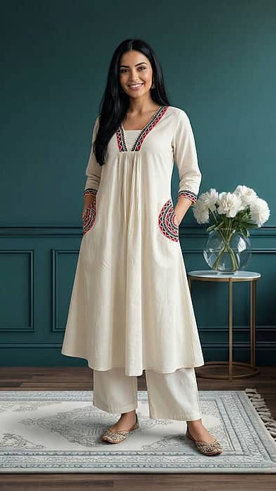 Women's Cream / Off-White Cotton Flared A-Line Kurta with Side Pockets & Matching Wide-Leg Trousers Set
