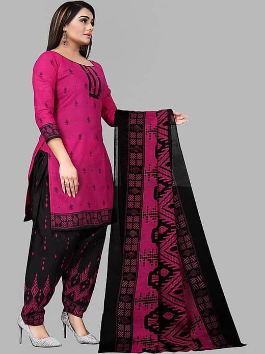 Women's Rani Pink & Black Printed Cotton Patiyala Kurta Suit Set with Printed Dupatta