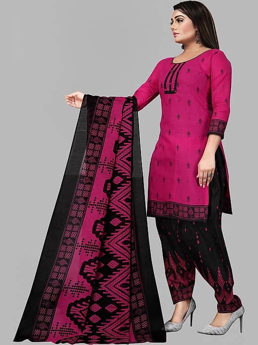 Women's Rani Pink & Black Printed Cotton Patiyala Kurta Suit Set with Printed Dupatta