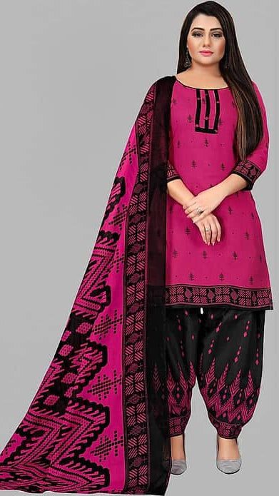 Women's Rani Pink & Black Printed Cotton Patiyala Kurta Suit Set with Printed Dupatta