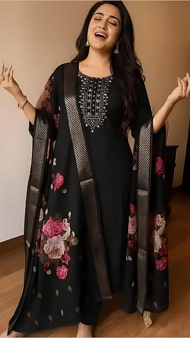 Women's Black Embroidered Kurta Set with Floral Printed Zari Border Dupatta