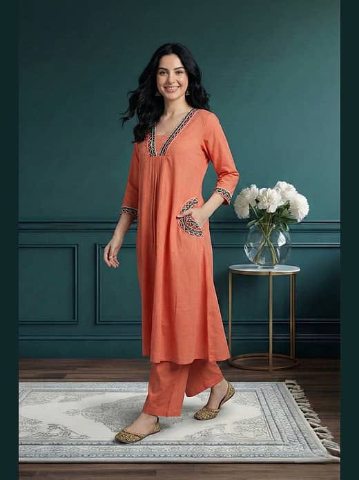 Women's Peach / Coral Pink Cotton A-Line Kurta with Side Pockets & Matching Wide-Leg Trousers Set