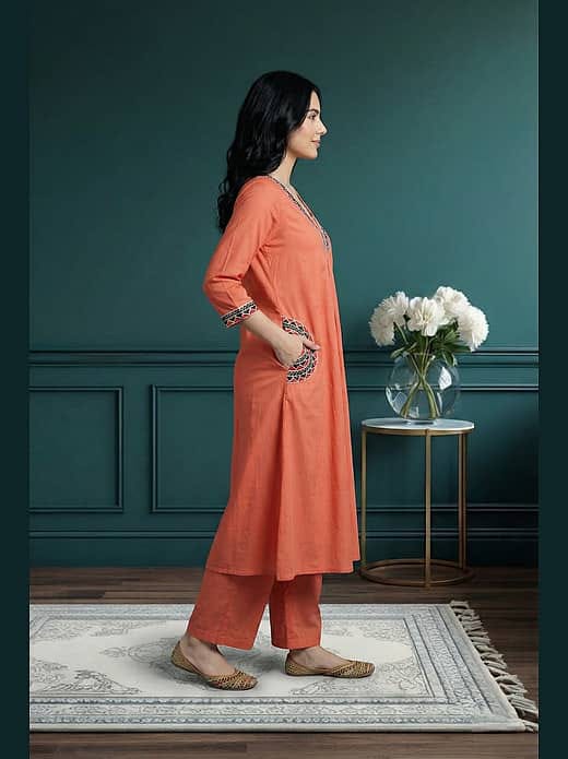 Women's Peach / Coral Pink Cotton A-Line Kurta with Side Pockets & Matching Wide-Leg Trousers Set