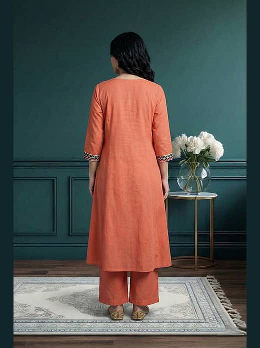 Women's Peach / Coral Pink Cotton A-Line Kurta with Side Pockets & Matching Wide-Leg Trousers Set