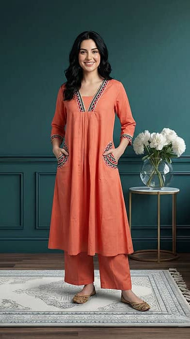 Women's Peach / Coral Pink Cotton A-Line Kurta with Side Pockets & Matching Wide-Leg Trousers Set