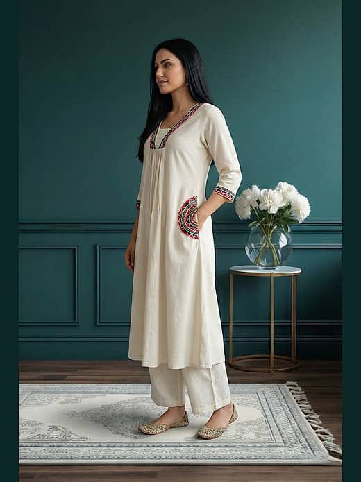 Women's Cream / Off-White Cotton Flared A-Line Kurta with Side Pockets & Matching Wide-Leg Trousers Set