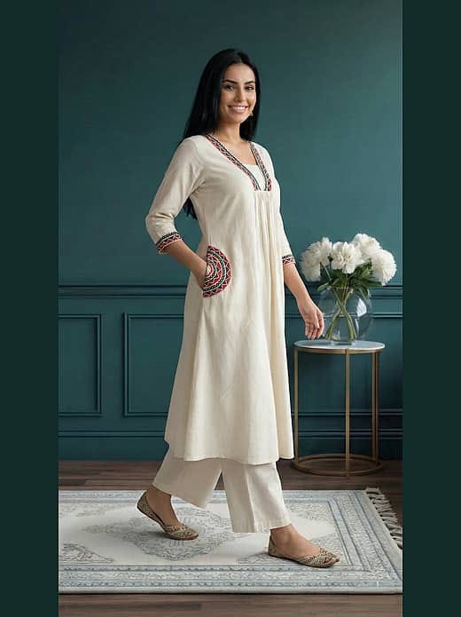 Women's Cream / Off-White Cotton Flared A-Line Kurta with Side Pockets & Matching Wide-Leg Trousers Set